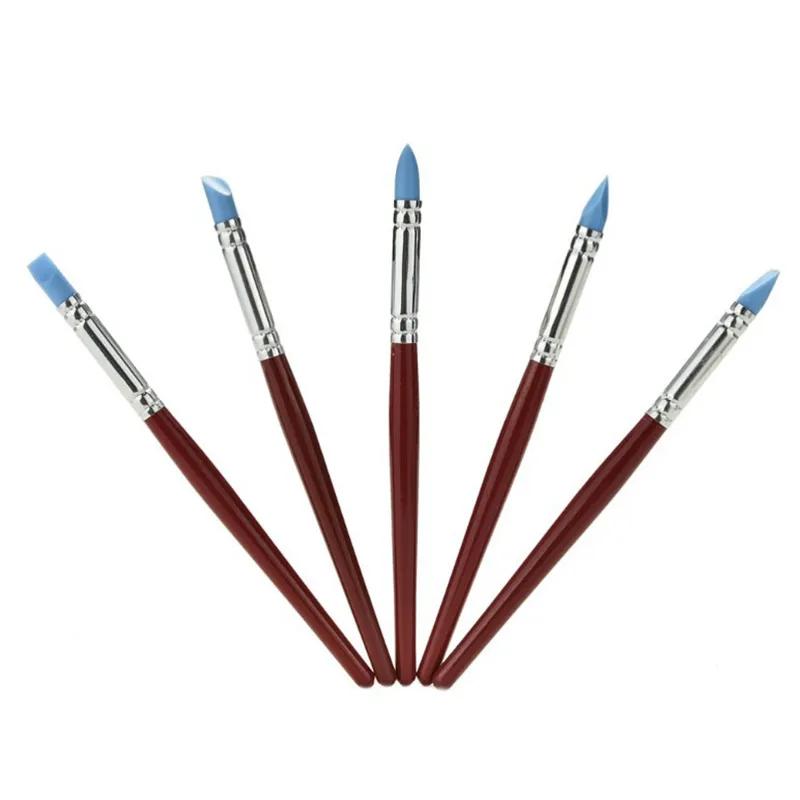 5pcs Wood Handle Silicone Rubber Clay Shaper Sculpting Polymer Modelling Pottery Clay Pen for DIY Crafts