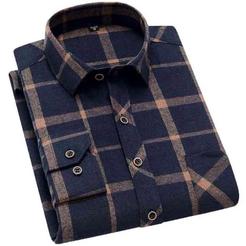 Aoliwen marca uomo Giallo nero scozzese spazzolato camicia a maniche lunghe tasca camicie da uomo casual primavera flanella di cotone vestibilità morbida 210721