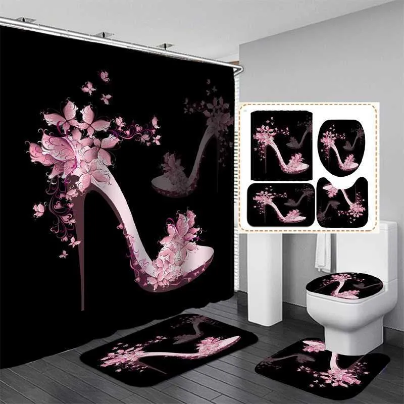Bathroom Shower Curtain Set Toilet Seat Bath Mats and Rugs Carpet Toilet Covers Curtain with 12 Hooks Curtains Shower Curtain 210609