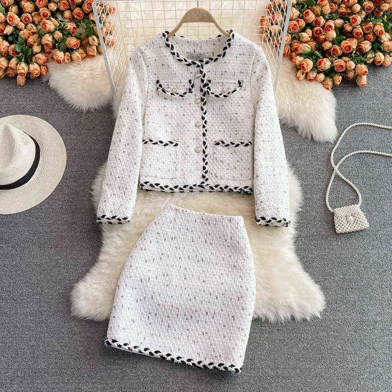 Automne et hiver léger dames de luxe petit costume de parfum femmes tweed manteau court et jupe costume deux pièces 211119