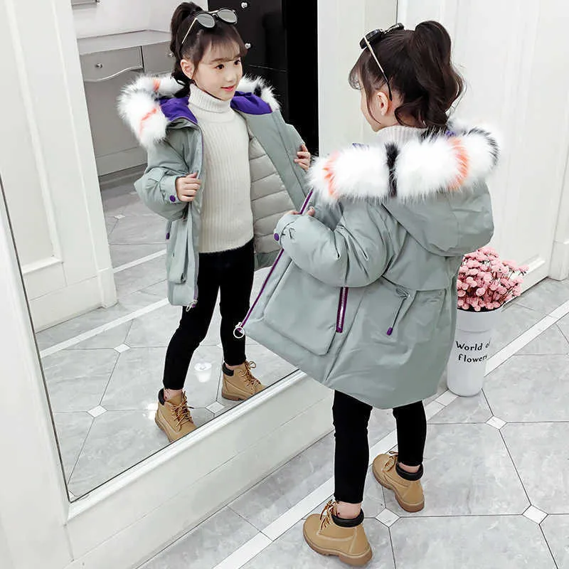 2021 moda bambini vestiti invernali ragazza giacca collo di pelliccia caldo con cappuccio lungo piumino di cotone cappotti per bambini capispalla parka abbigliamento H0910