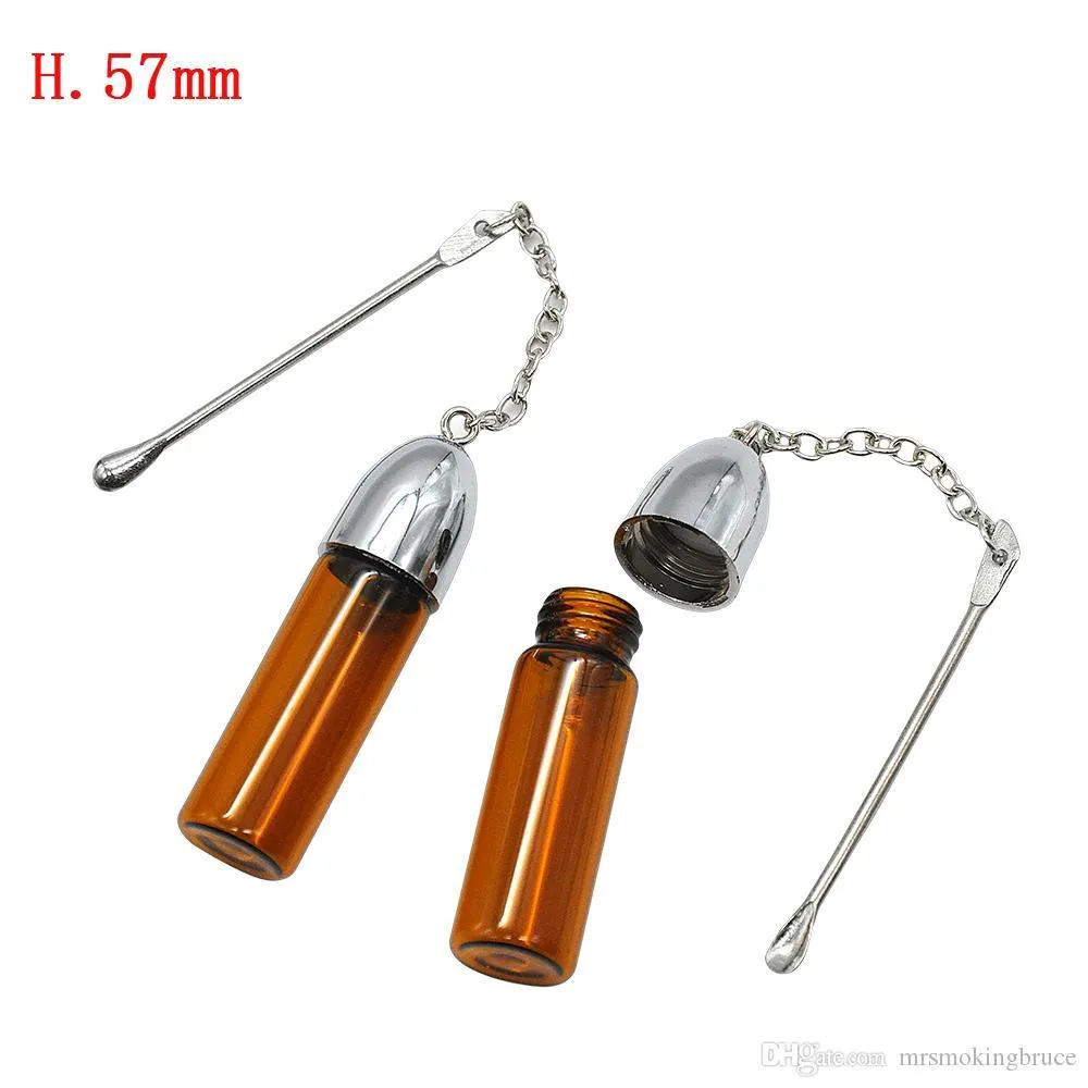 Silver Clear&Brown Glass Snuff With Metal Spoon Pill box Bullet Rocket Snorter Bottle