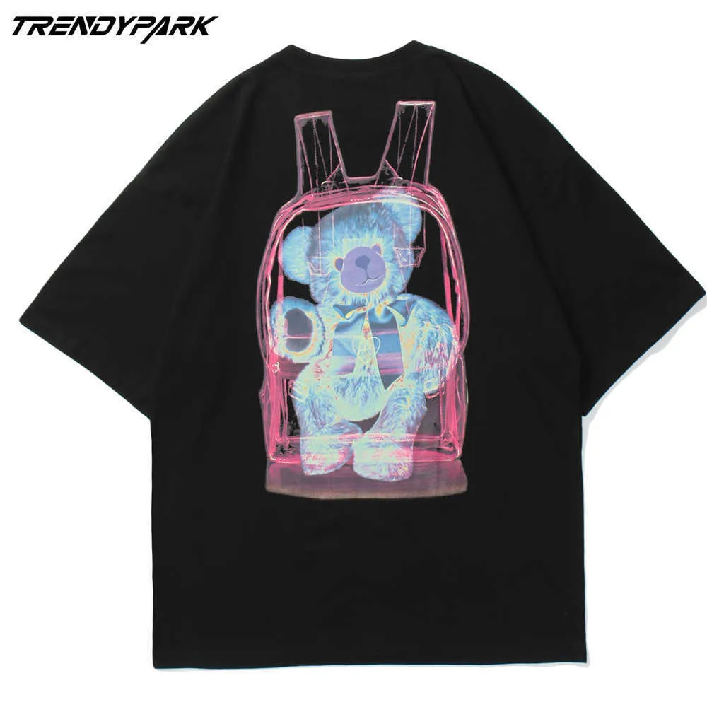 Men's T-shirt Cute Backpack Bear Summer Short Sleeve Tee Hip Hop Oversize Cotton Casual Harajuku Streetwear Top Tshirts Clothing 210601