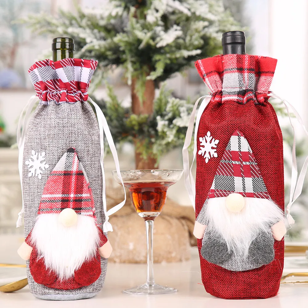 Christmas Wine Bottle Cover with Gnomes Buffalo Plaid Gift Bag Xmas Table Ornaments New Year Dinner Decor PHJK2109