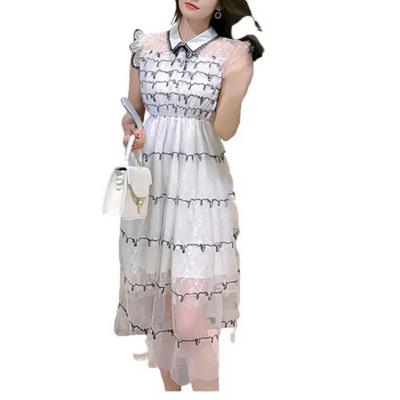 PERHAPS U Summer Sweet White Chiffon Mesh Ruffle Striped Turn-Down Collar Sleeveless Mid-Calf Dress D3998 210529