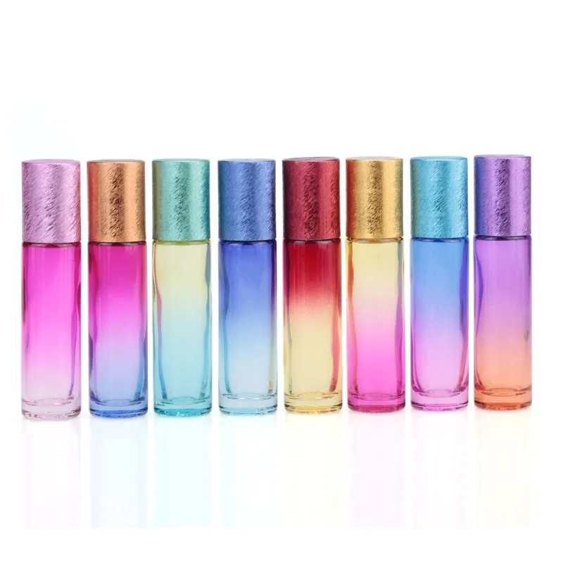 10 ml gradiënt kleur glazen rol-on flessen met roestvrijstalen roller bal, kleurrijke geborstelde plastic dop voor essentiële olie parfum