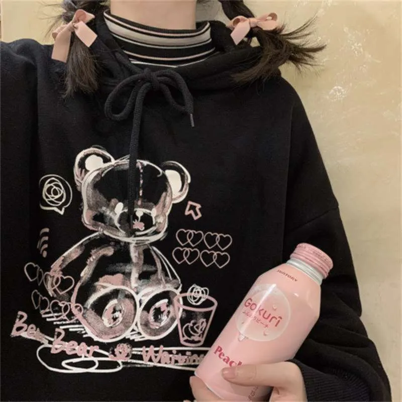 Felpa con cappuccio Anime Cartoon Kawaii Stampa orso rosa Felpa con cappuccio Harajuku Top Felpe con cappuccio Donna goth Abbigliamento con cappuccio a maniche lunghe Donna 210928