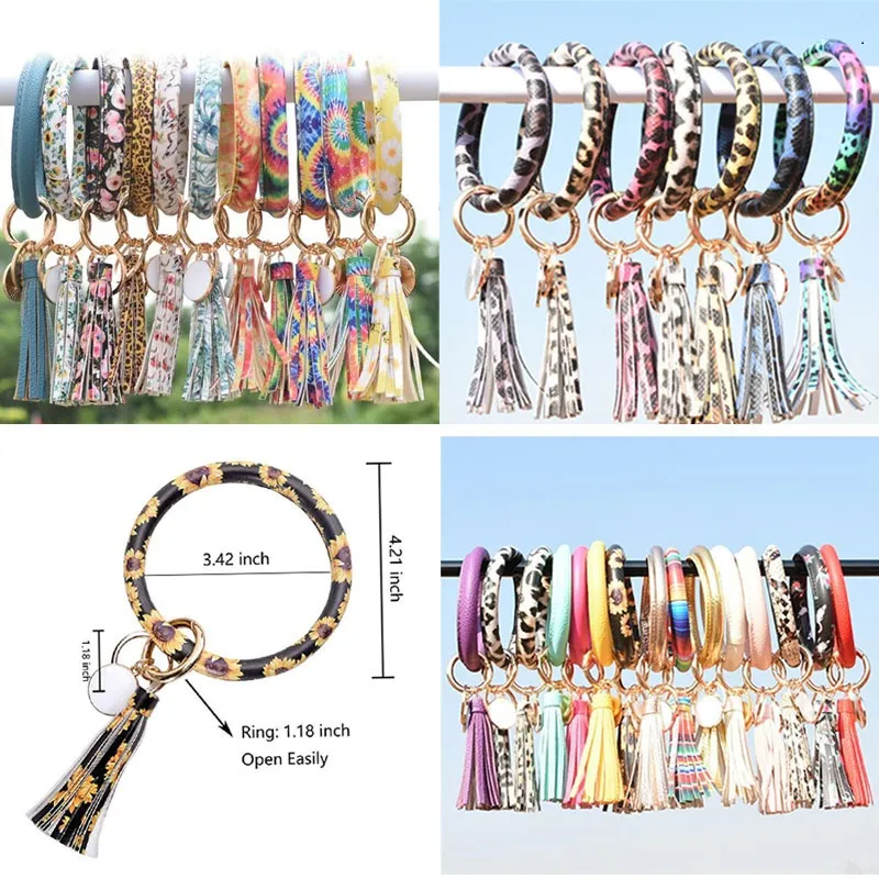 Fashion Women Tassels Bracelets Bangle PU Leather Party Wrap Key Ring Leopard Lily Print Keychain Wristband Sunflower Drip Oil Circle Keys Holder Chains Wristlet