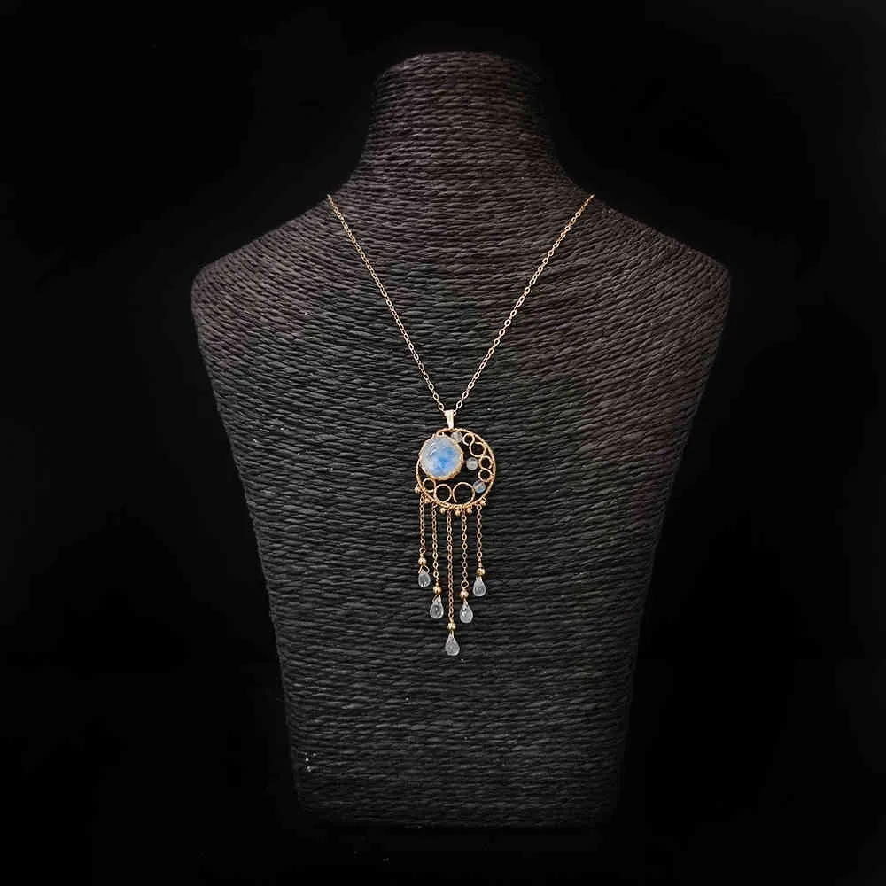 Colgante de gota de piedra lunar Natural tejido a mano, collar atrapasueños para mujer, cuarzo dorado de 14K, regalo de cristal curativo de lujo