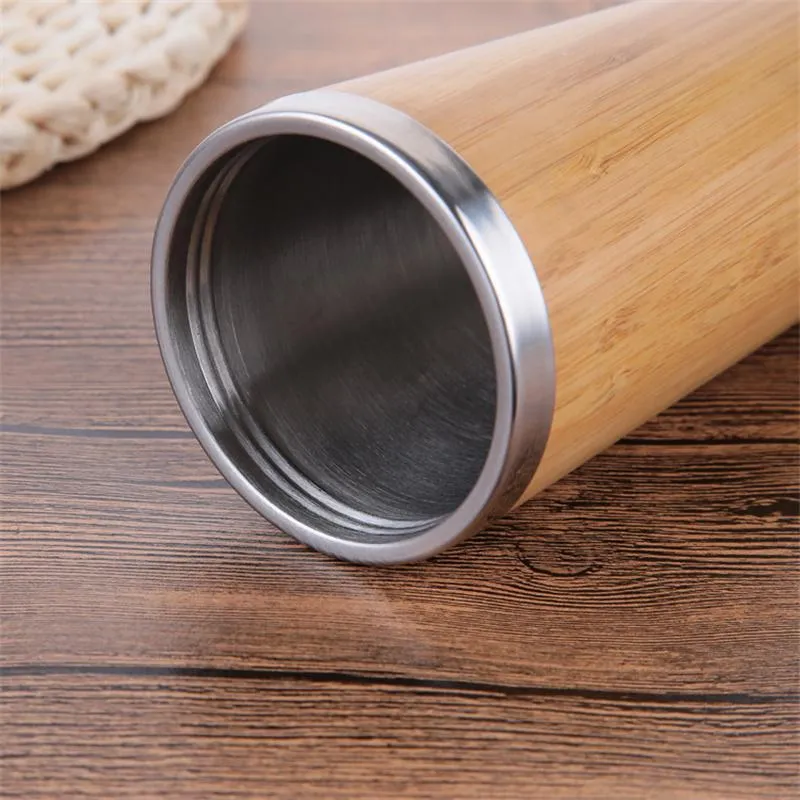 450ml Bamboo Tumblers Natural Stainless Steel Water Bottle Reuseable Portable Travel Mugs Cups