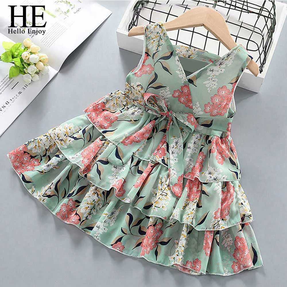 HE Hello Enjoy Baby Girls Dress New Summer Kids Girl Princess Robes Floral Sweet Dress Lovely Casual Costume Vêtements pour enfants Q0716