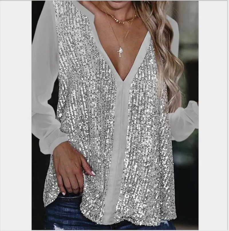 Women's Blouses & Shirts Large Size Loose Casual Women Blouse 2021 Spring Sequins V-neck Long-sleeve Pullover Solid Color Tops Chiffon Shirt