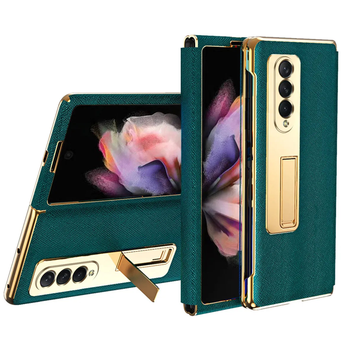 Luxury Leather Cases Plating Frame with Foldable Kickstand Front Cover Glass Screen Protector Film For Samsung Galaxy Z Fold 3 5G
