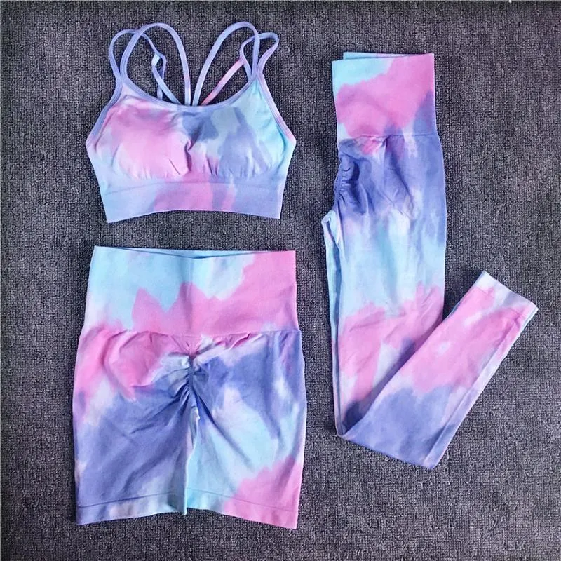Outfit Yoga Women Tie Dye Sportswear Set Workout Leggings Push Up Pant Gym Shorts Seamless Fiess Sports Bra Tracksuit Suit