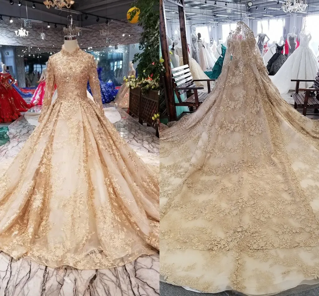Gold Luxury Dubai Arabic Muslim Wedding Dresses Long Sleeves Crystal Beaded Lace Vestidos HIgh Neck A Line Bridal Gowns Chapel Train AL8789