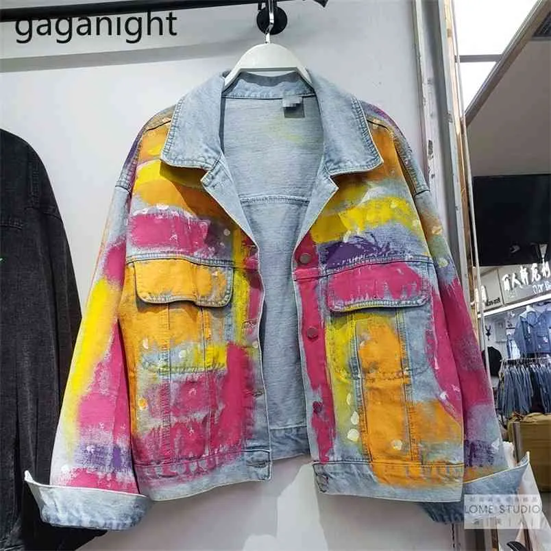 Mode Denim Vestes Femmes Printemps Automne Peint À La Main Couleur Graffiti Jeans Veste Casual Manteau Lâche Streetwear 210601