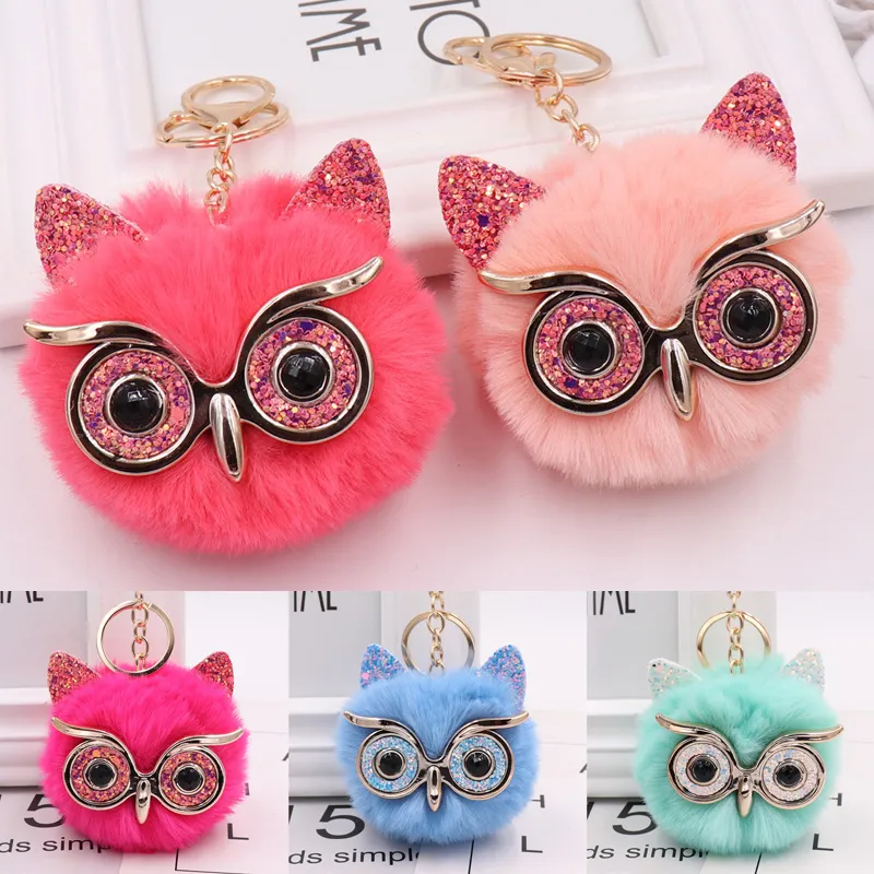 Cute Fluffy Rabbit Fur Sowa Pompom Ball Zwierząt Okulary Brelok Keyring Car Key Pierścień Urok Kobiet Torba Wisiorek Dekoracyjne