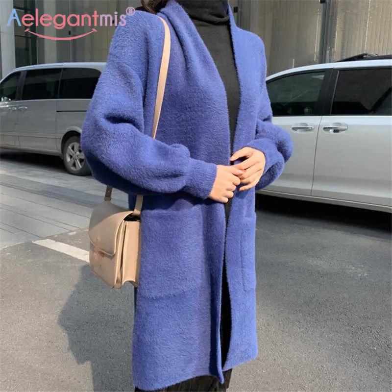 Aelegantmis Batwig Ärmel Solide Blau Elegante Nerz Kaschmir Pullover Strickjacke Frauen Winter Herbst Weibliche Übergroßen Lange 210607