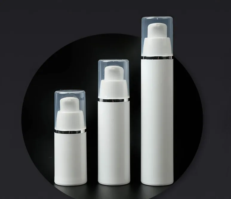 15 ml 30 ml 50 ml verpakkingflessen zuivere witte cilindrische zilveren rand cosmetische containers plastic emulsie airless pomp