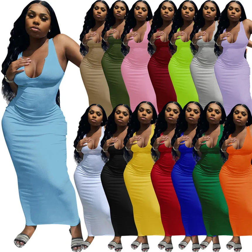 Plus Size 2XL Dames Sexy Jurken Zomer Kleding Spaghetti Strap Mouwloze Maxi Rokken Mode Clubwear Effen Kleur Jurk 4968