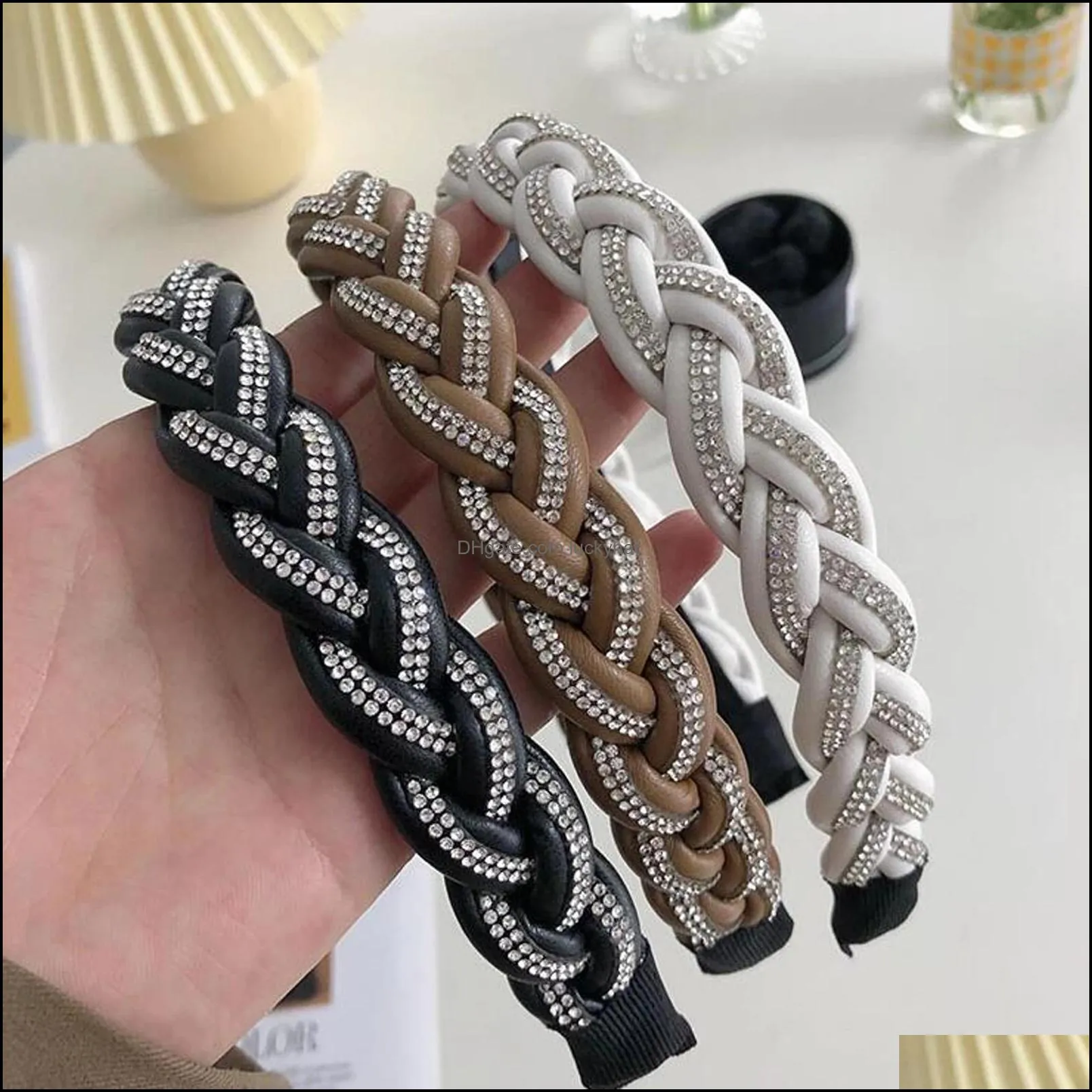 New Fashion Hair Accessories For Women Twist Braid Headband Rhinestone Woven Leather Hairband Wholesale