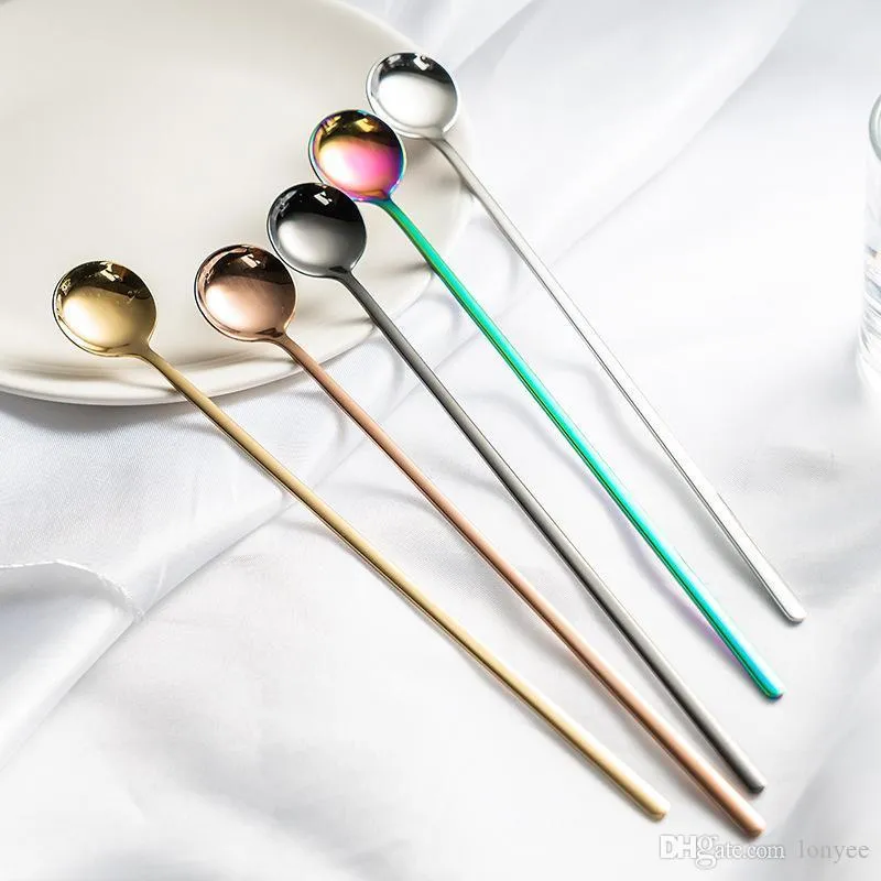 Stainless Steel Long Handle Mini Spoon Cold Drink Coffee Teaspoon Ice Cream Spoon Food Grade Safety Spoons Drinking Scoop XVT1536 T03