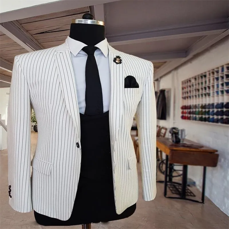 Men's Suits & Blazers White Pinstripe Men Groom Tuxedos Lapel One Button Custom Made Fit Slim Formal Party Prom Suit Outwear For Man