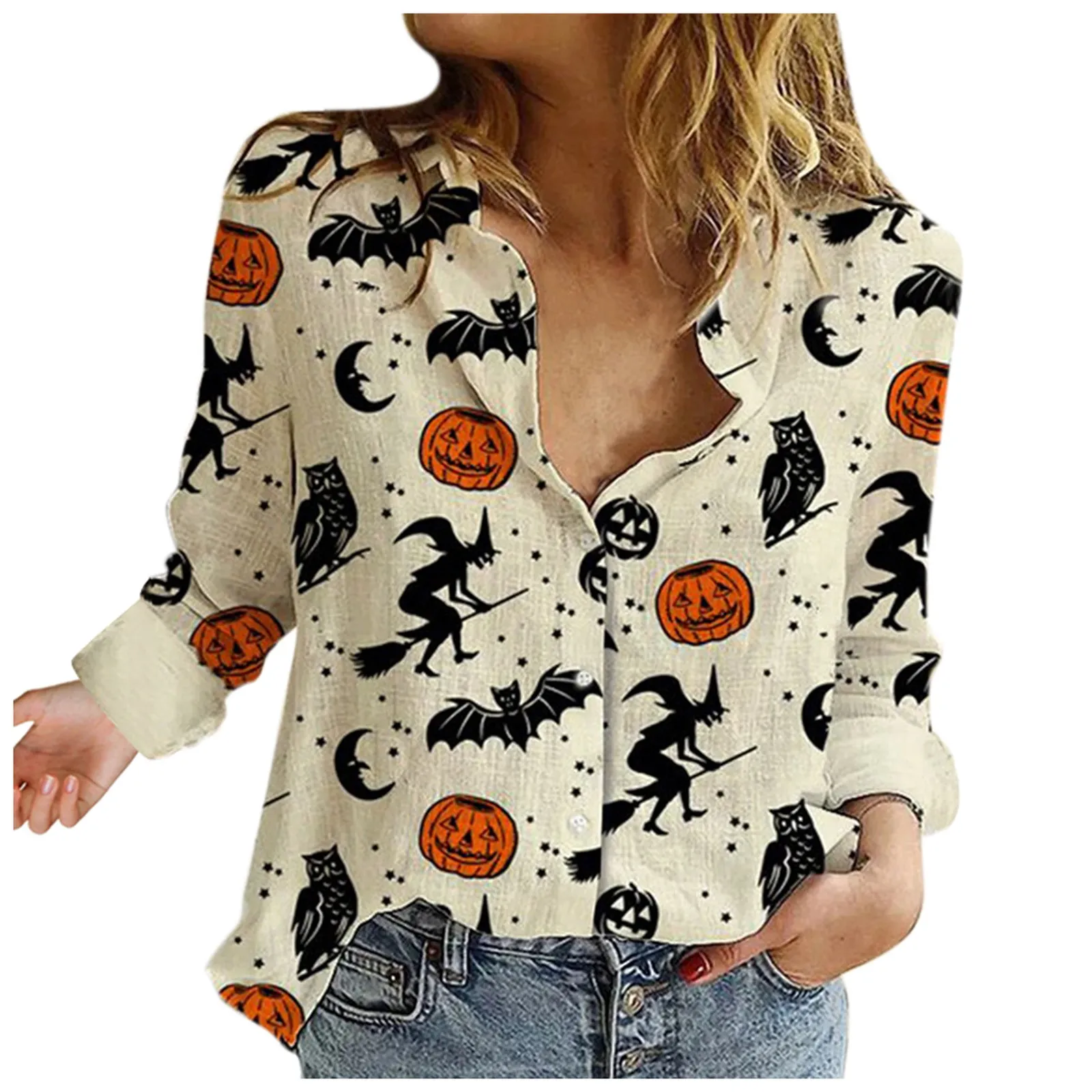 Рубашка Хэллоуина для женских повреждений Блузка Свободная кнопка Повседневная Верхняя Рубашка Плюс Размер Blusas Mujer de Moda