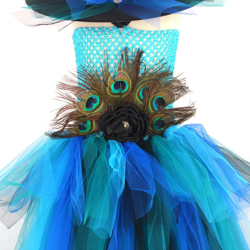Elegant Peacock Feather Costume Girls Fluffy Layered Peacock Tutu Dress with Witch Hat Kids Pageant Party Ball Gowns Dresses (4)