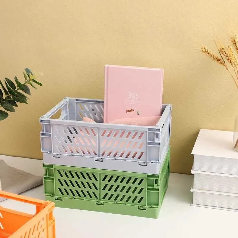 Collapsible Crate Plastic Storage Baskets Folding Desktop Cosmetic Sundries Organizer Box Stackable Fruit Food Toys Bin 210609