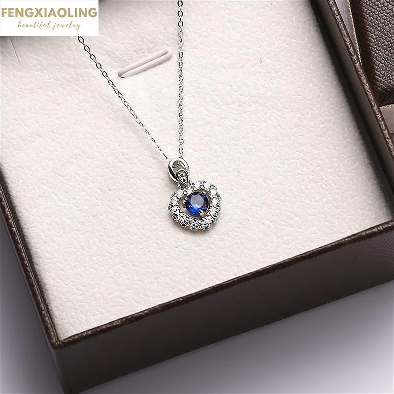 Fengxiaoliing Classic Eternal Heart 925 Collane a sospensione in argento sterling per donne NOTTURA BLU BUSO CUORE CUORE GIOCHIONE 2021 Q0531