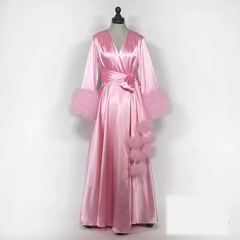 Pink Kinono Sleepwear Gowns Prom Dresses Luxury Feather Maternity Robes Women Photoshoot Bathrobe Fluffy Party Custom Made