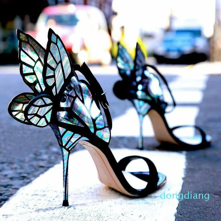 Luxury-Evangeline Angel-Wing High Heel Sandal Nya Butterfly Rhinestone Studded Läder Sandaler Med Fin Heel Sandals EUR Storlek 34-42