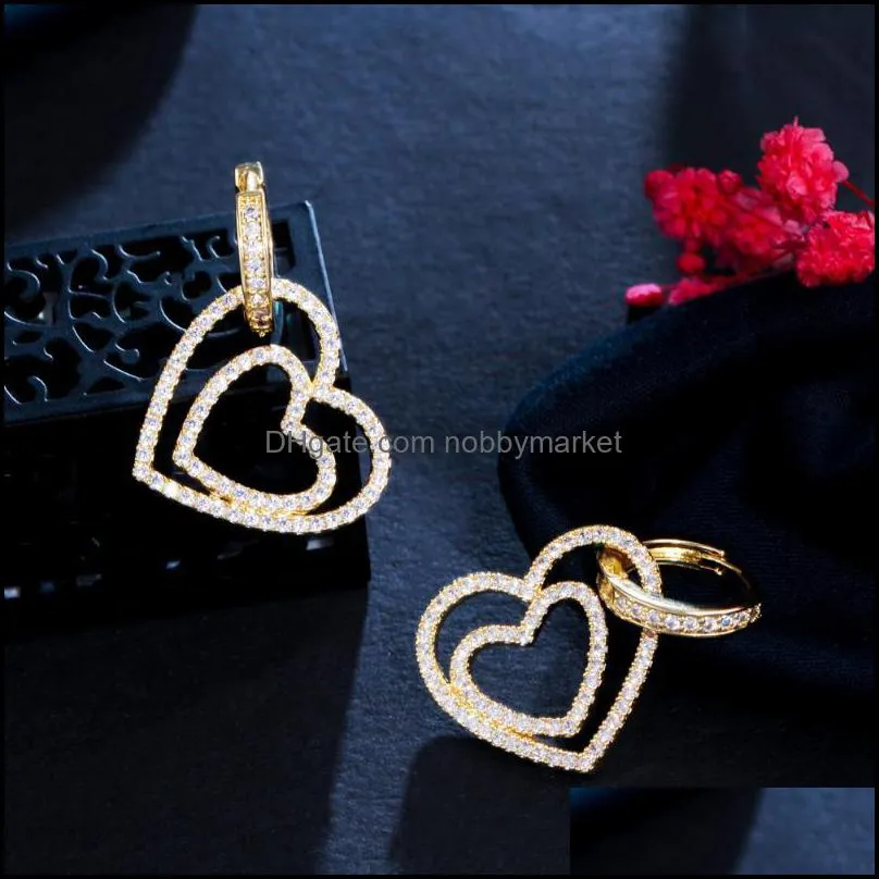 Hoop & Huggie CWWZircons Micro Pave Cubic Zirconia Cute Double Heart Shape Earrings For Women 2021 Trendy Ear Jewelry CZ960