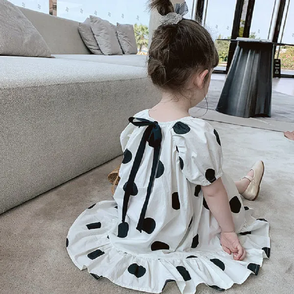 2020 nuovo vestito da estate delle ragazze moda fiocco manica a sbuffo a pois partito vestito da principessa carino per bambini bambino abbigliamento per ragazze Q0716