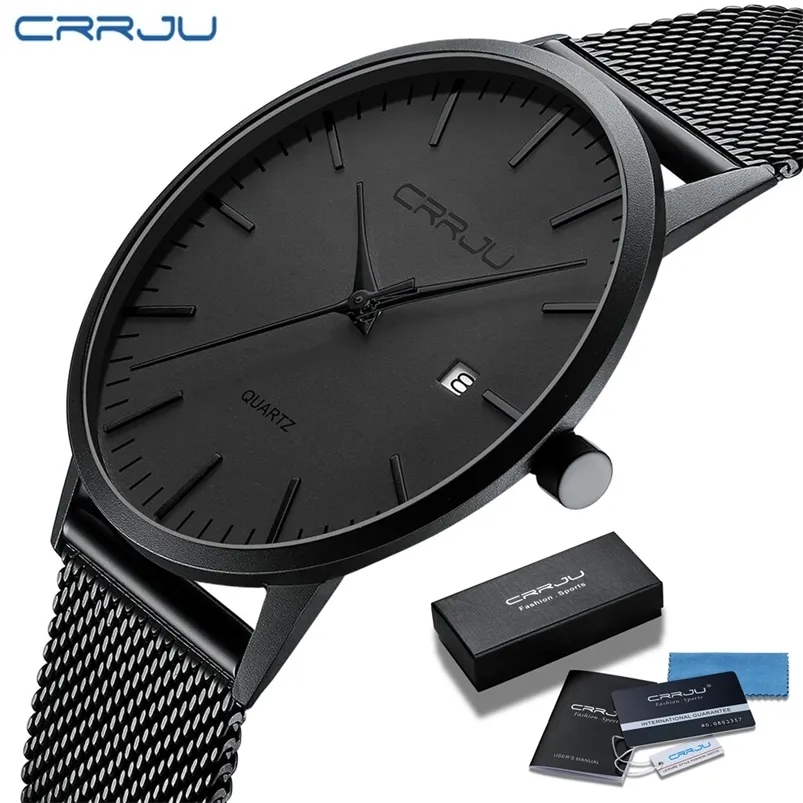 CRRJU Mode Hommes Montres Ultra Mince Montre À Quartz Hommes Casual Mince Maille En Acier Étanche Sport Montre Noir Relogio Masculino 210914