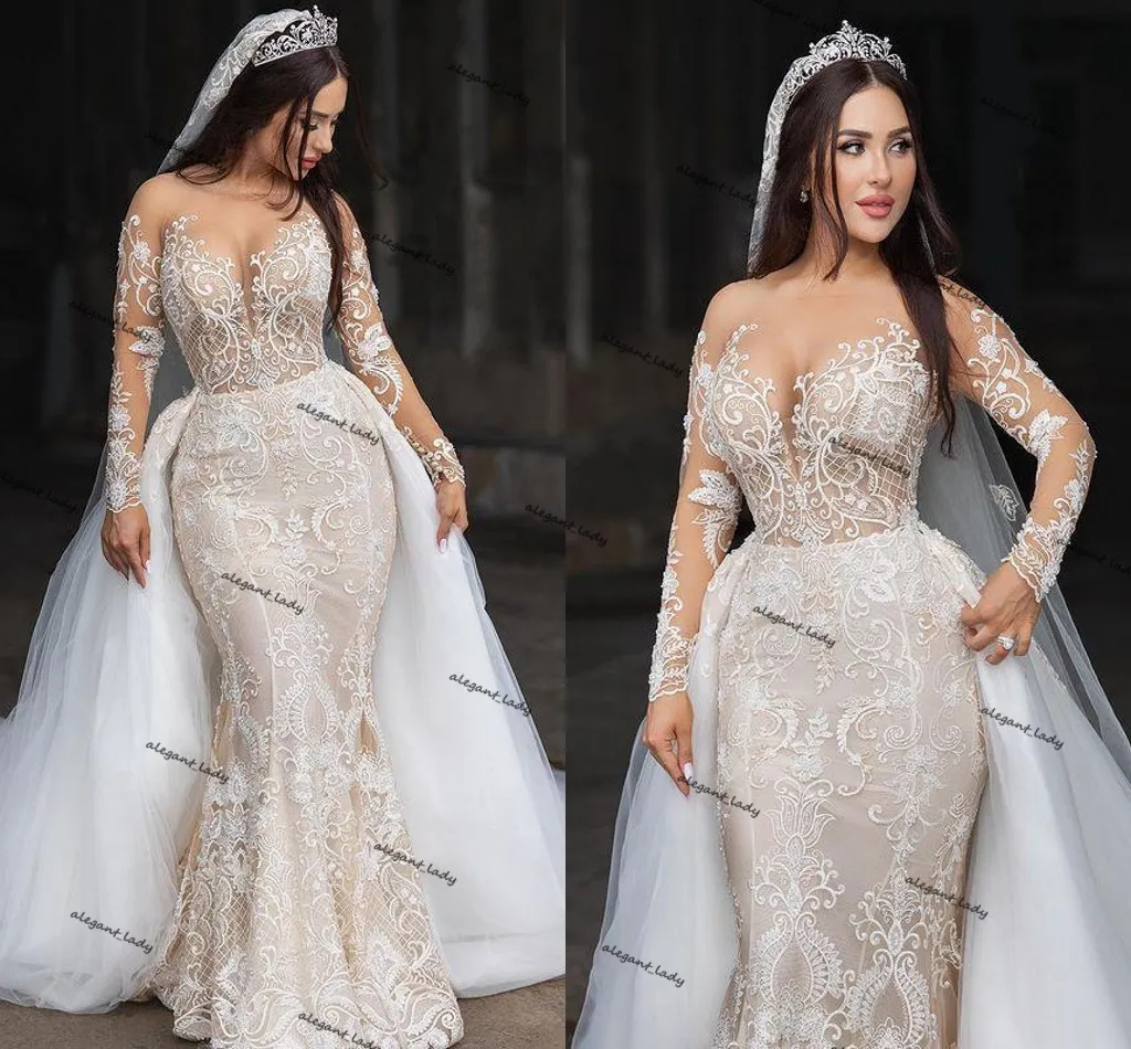 Prinsessan Lace Mermaid Bröllopsklänningar Två Pieces Illusion Bröllopklänningar Arabiska Aso Ebi Långärmad Avtagbart Tåg Äktenskap