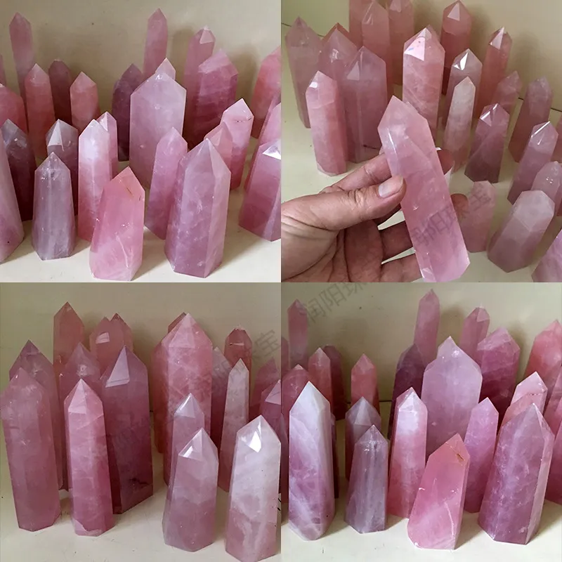 Natural Rock Pink Rose Quartz Crystal Wand Point Healing Högkvalitativ Mineral Stone Meditation Therapy Protection Amulet DIY 341 R2