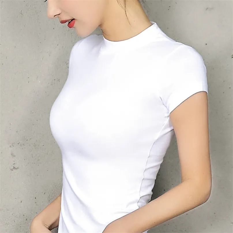レディーストップレディーコットン半袖タートルネック女性Tシャツすべてマッチ基本Tシャツブラックグレー白色210720