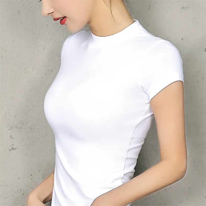 Damska Top Pani Bawełna Z Krótkim Rękawem Turtleneck Woman Tshirt Wszystkie Match Basic T-shirt Czarny Szary biały Kolor 210720