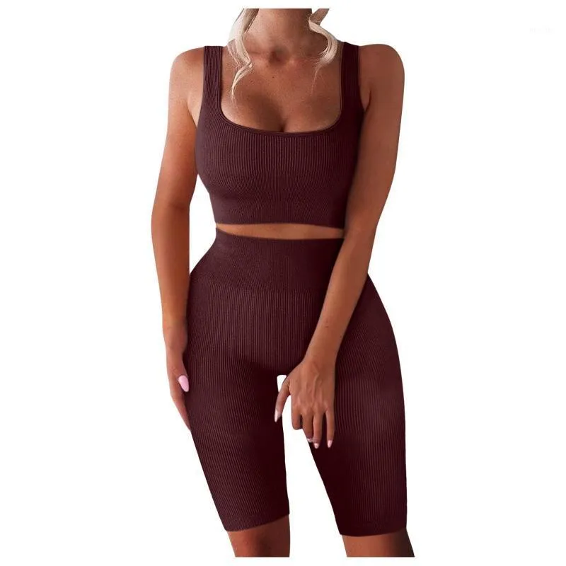 Yoga Outfit Ensemble sans couture Femmes Monté Sport Sans manches Soutien-gorge Crop Top Booty Taille haute Shorts Fitness Costume 2 PCS Entraînement Gym Ensembles A20