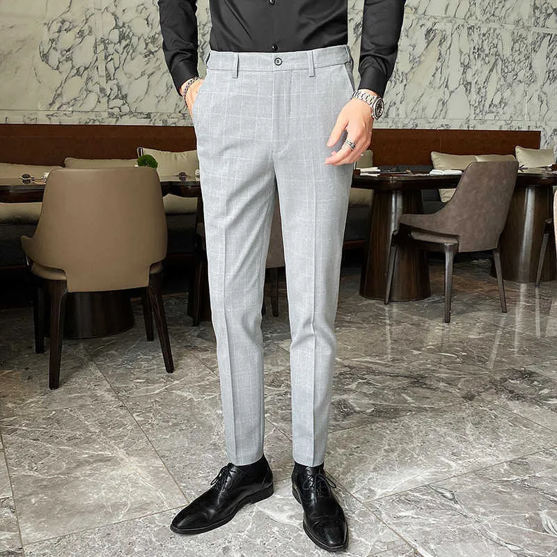 체크 무늬 비즈니스 드레스 바지 남성 공식 사무실 소셜 정장 바지 슬림 맞는 웨딩 스트리트웨어 캐주얼 바지 의상 Homme 210527