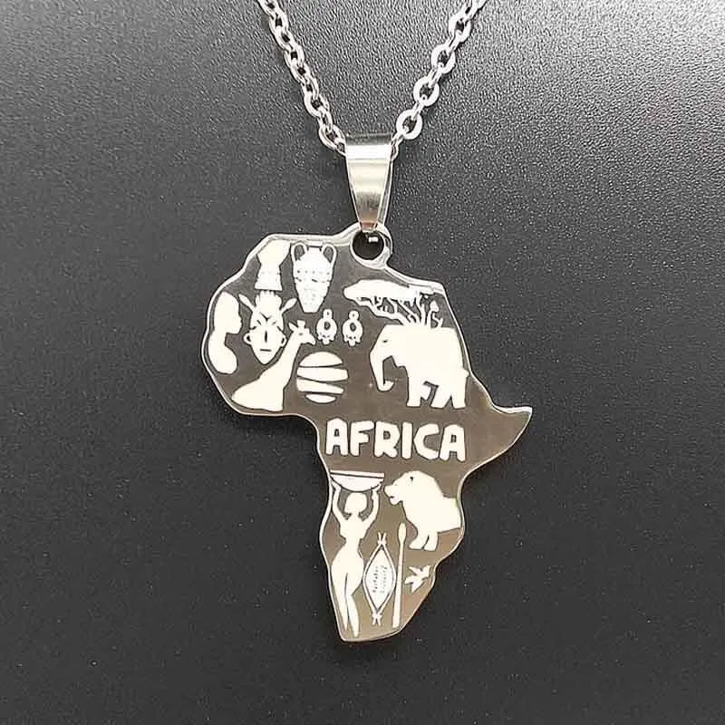 Fashion Hip Hop Stainless Steel Necklace Africa Map Animal Pattern Pendant for Women Men Long Chain Jewelry Wholesale