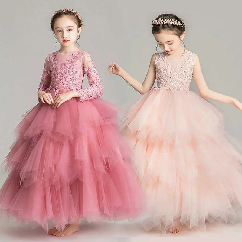 Första kommunionen Iegant Formell klänning för tjejer Flower Girls Wedding Evening Kids Dresses for Girls Princess Party Long Gown Q0716