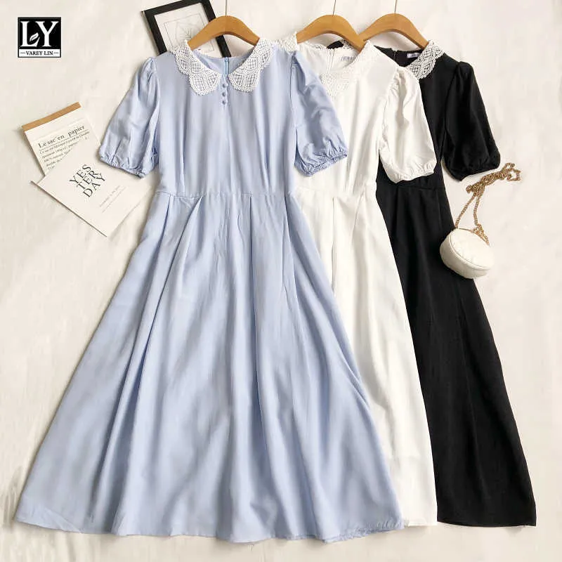 LY VAREY LIN Summer Women Sweet Peter Pan Collar High Waist Midi Dresses Casual Lace Short Sleeve A-line Female 210526