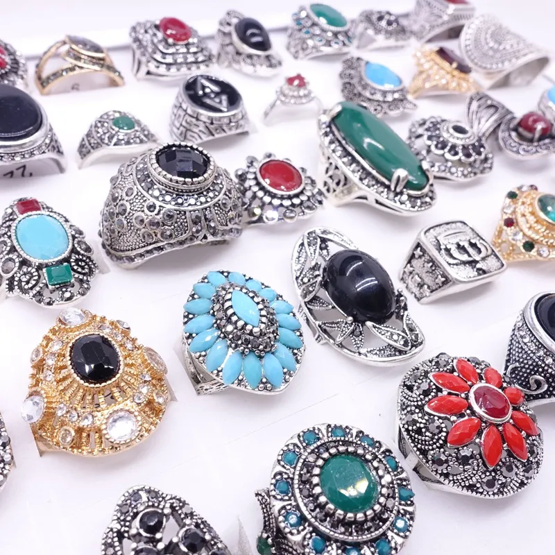 groothandel 50 stks/partij dames ringen retro antiek zilver steen strass vintage sieraden RING mix stijlen gloednieuw drop shipping met een doos