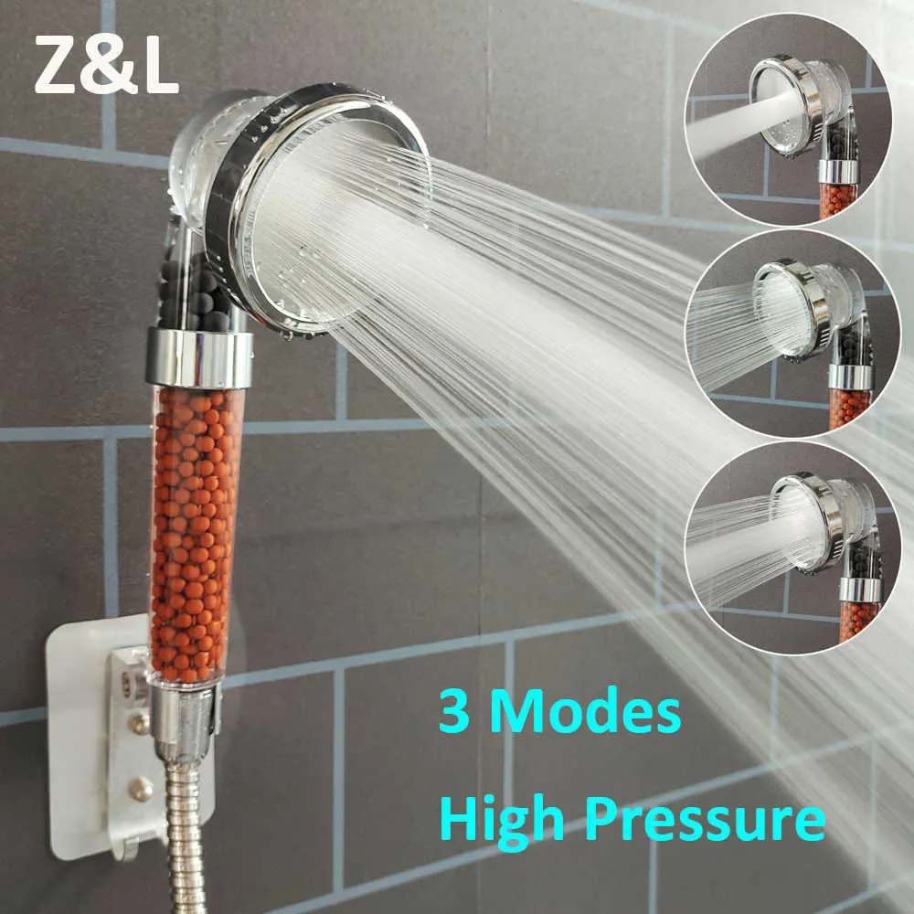 Badezimmer 3 Modi Einstellbarer Strahl Wassersparend Mineralanion Steine Filter Spa Hochdruck-Duschkopf 210724