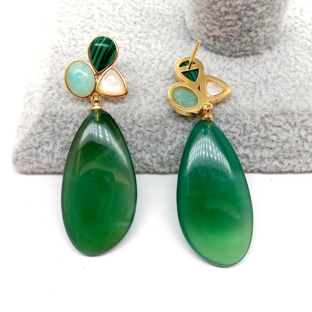 YYGEM Geometric Green Agate White Shell Peruvian Amazonite Stud earrings luxury style for women