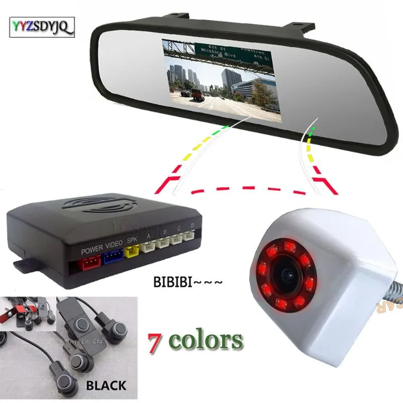 Caméras de recul de voiture Capteurs de stationnement Capteur 4 Parktronics 16mm Trajectoire dynamique plate 8 Caméra IR CCD avec moniteur miroir 4.3 HD