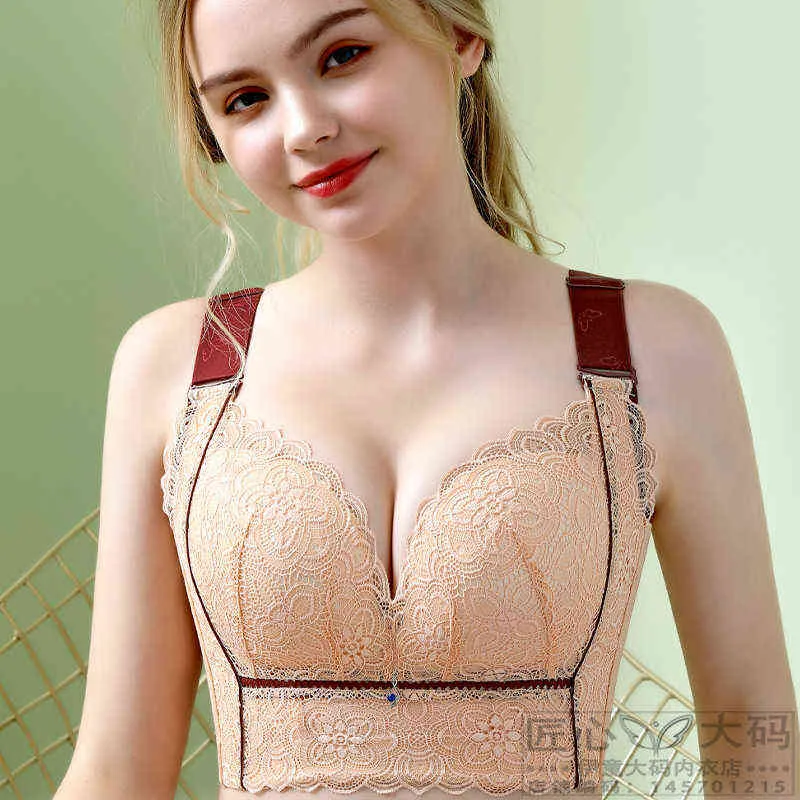 Wireless Bras för kvinnor plus storlek Sexig underkläder Tryck upp underkläder Lace Long Line Brassiere C D E Cup 211217